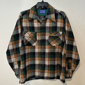 Vtg Pendleton Wool Flannel M Green Brown Plaid Loop Collar Heritage Americana 70